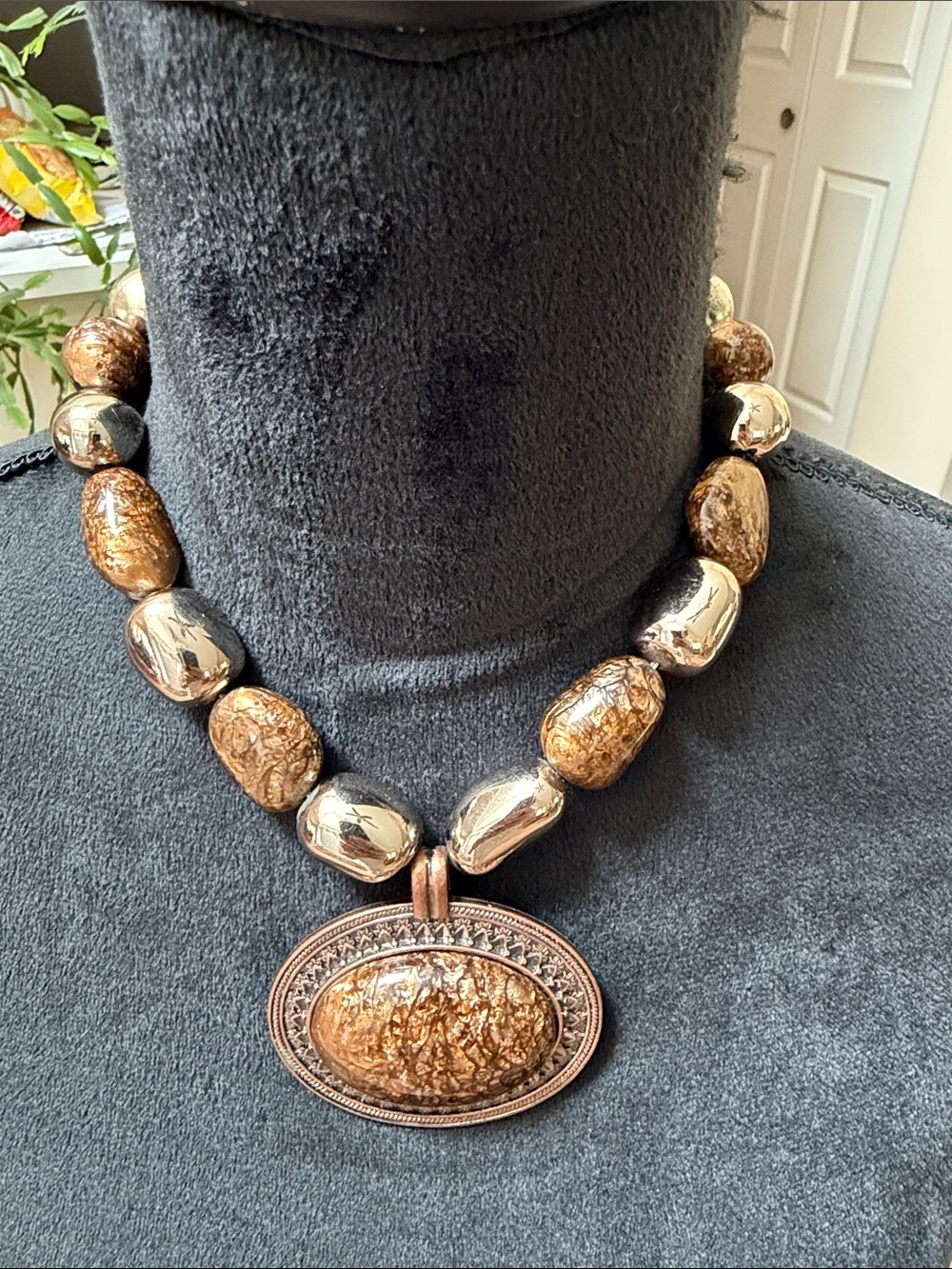Chunky Brown/Gold speck and Silvertone Statement Necklace